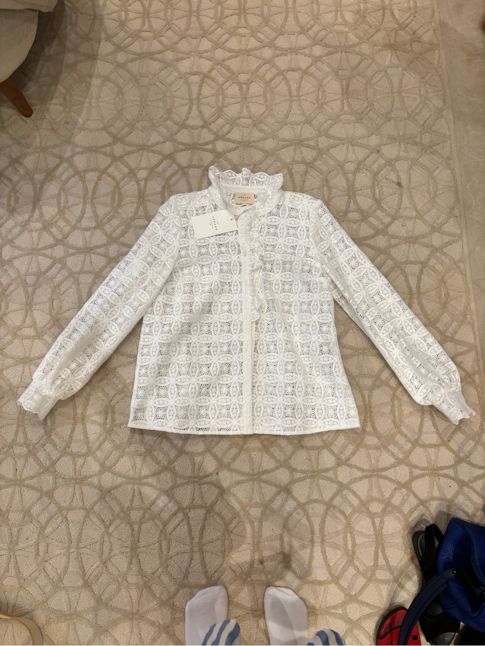 Sezane White Lace Button-Up top